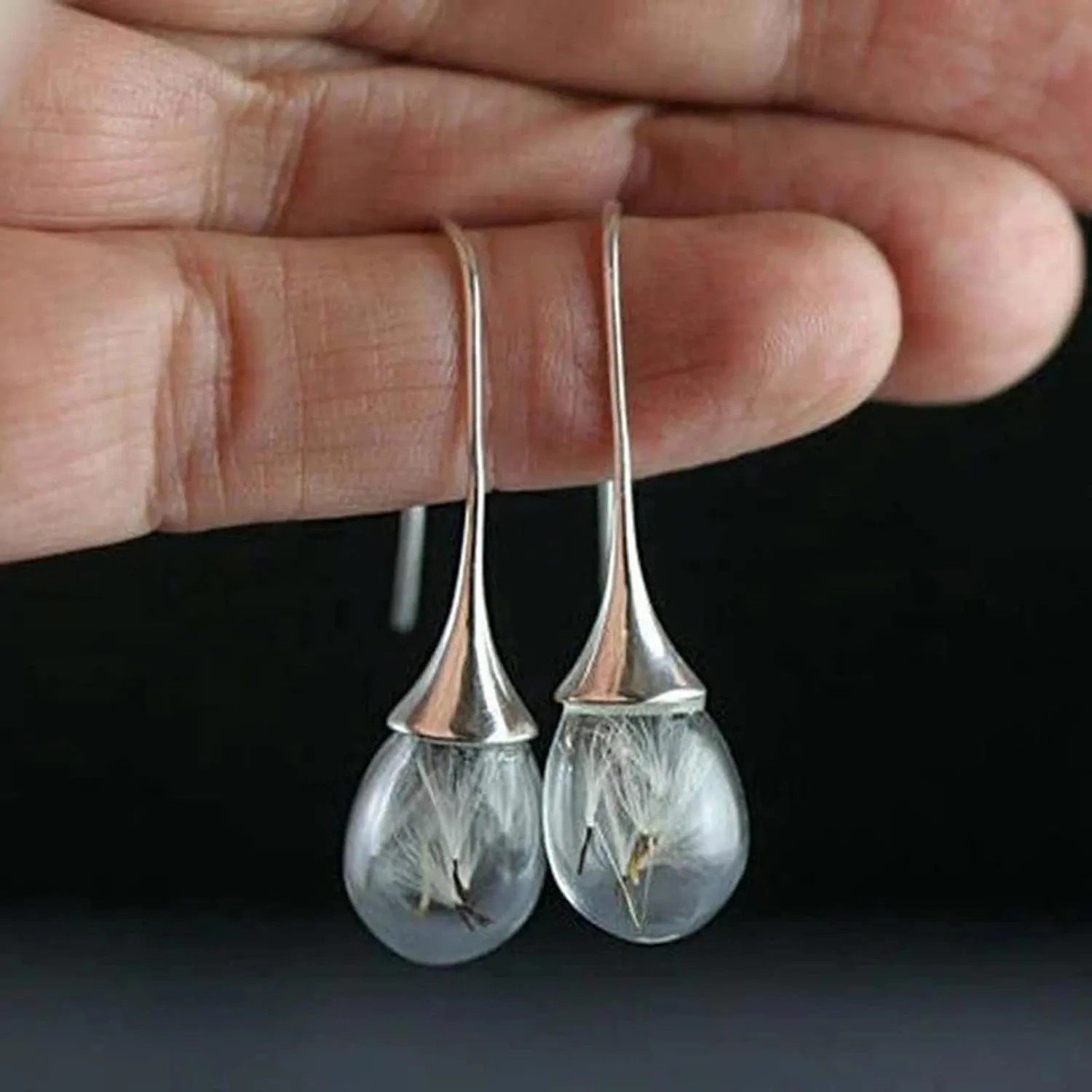 Dandelion Dangle Earrings Teardrop Shape Drop Earrings Temperament Personality Statement Earrings for Women (Silver, One Size)