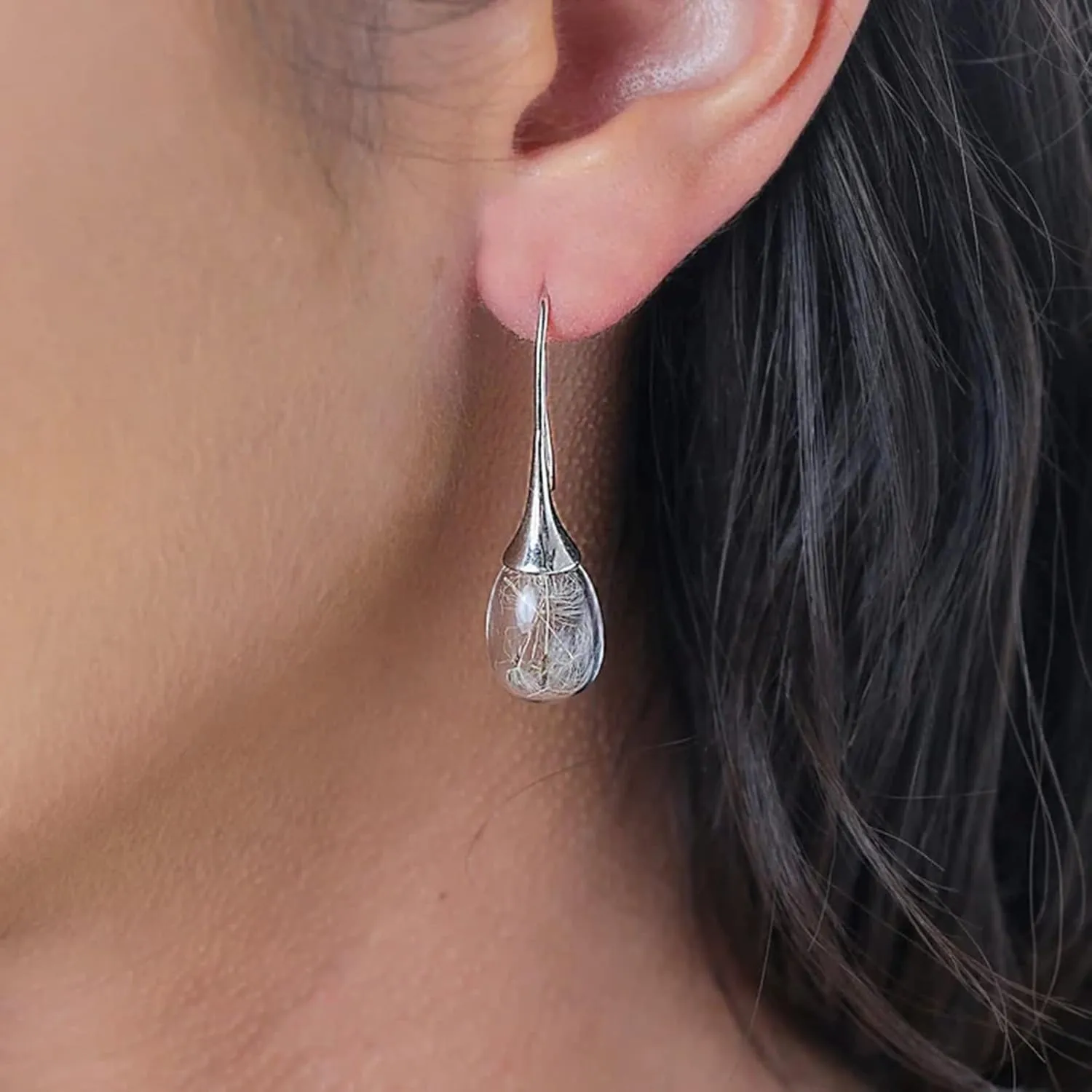 Dandelion Dangle Earrings Teardrop Shape Drop Earrings Temperament Personality Statement Earrings for Women (Silver, One Size)