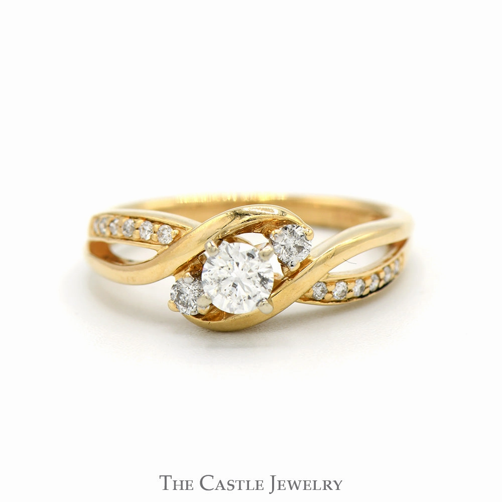 Triple Diamond Bypass Ring with Diamond Accented Open Sides in 14k Yellow Gold National Symbol