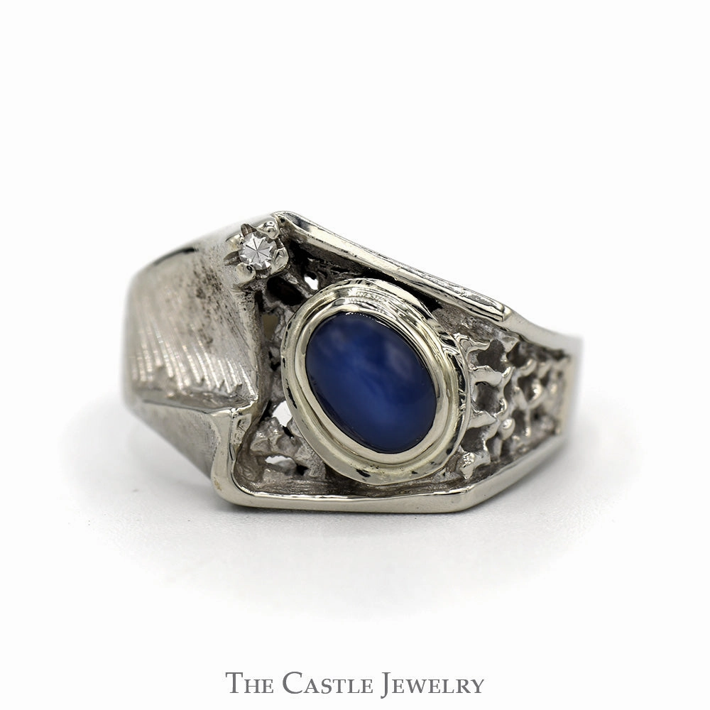 Signature Piece Comfortable Wear Oval Lindy Star Sapphire Ring with Diamond Accents in 14k White Gold Textured Geometric Mounting