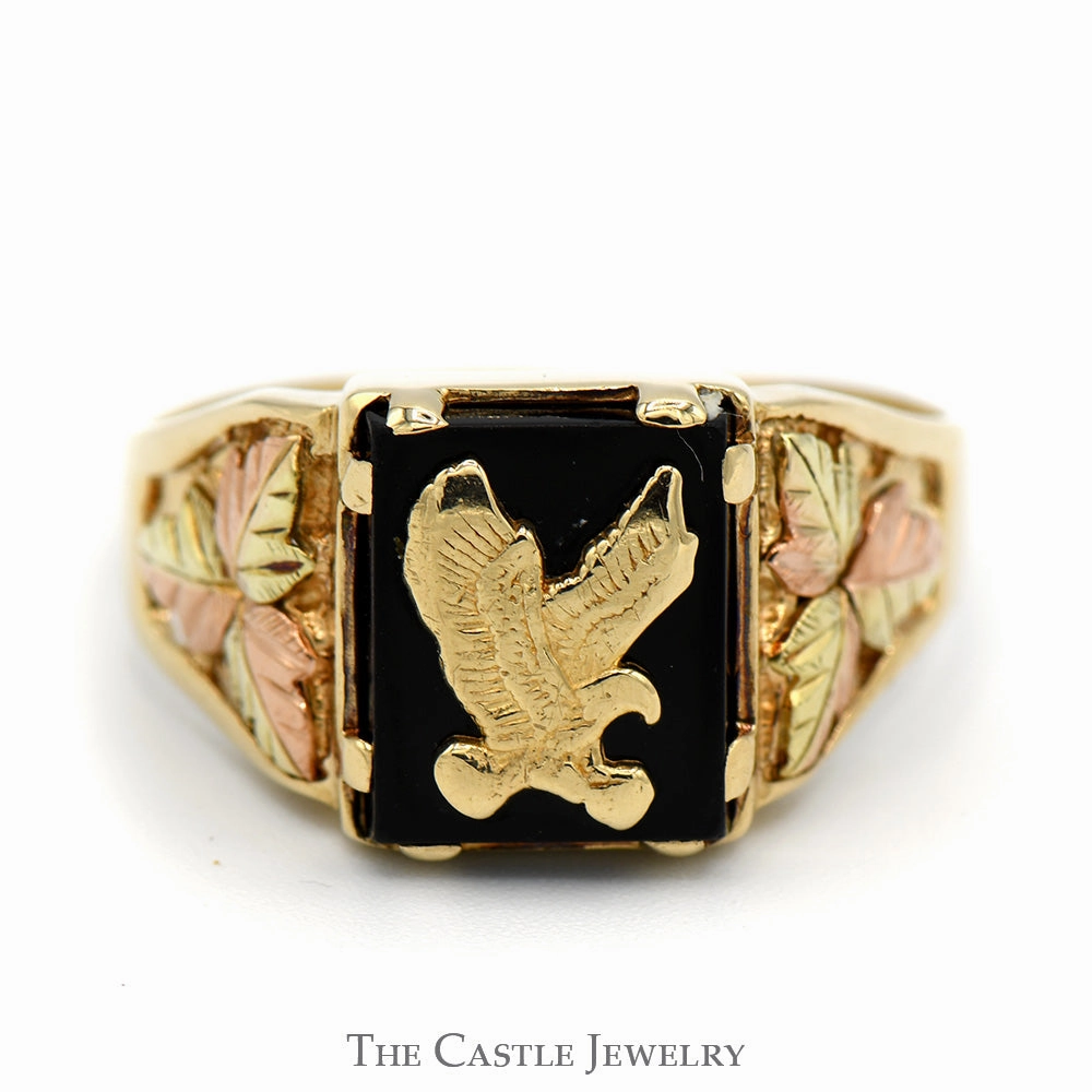 Black Onyx Eagle Men's Ring with Two Tone Leaf Designed Sides in 10k Yellow and Rose Gold Exclusive Art