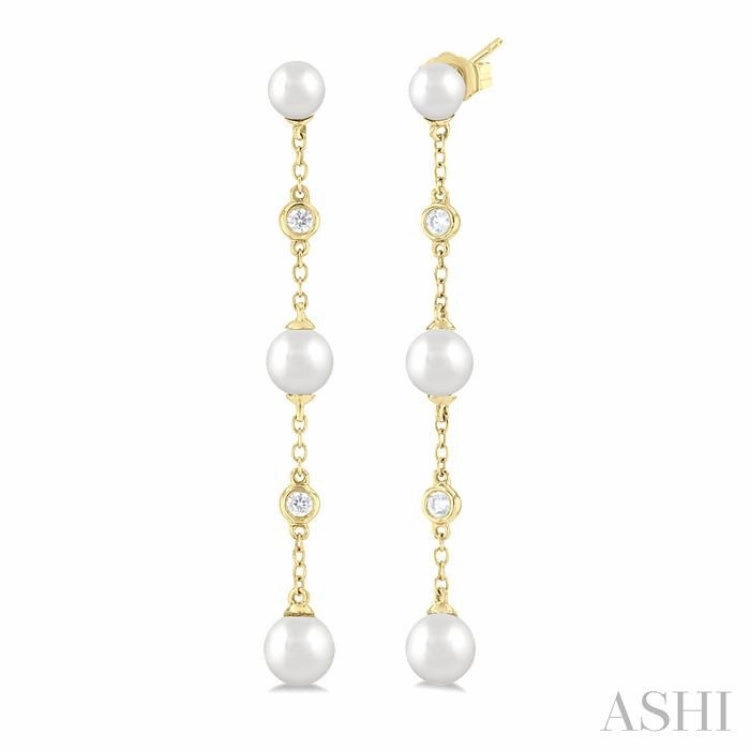 4 MM, 5 MM & 6 MM Round Shape Cultured Pearls and 1/10 Ctw Round Cut Diamond Station Long Earring in 14K Yellow Gold Textured Finish Signature Touch