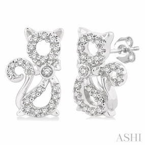 Exquisite Look 1/8 Ctw Petite Cat Motif Round Cut Diamond Fashion Stud Earring in 10K White Gold
