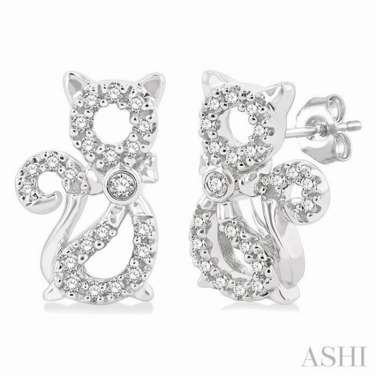 Exquisite Look 1/8 Ctw Petite Cat Motif Round Cut Diamond Fashion Stud Earring in 10K White Gold