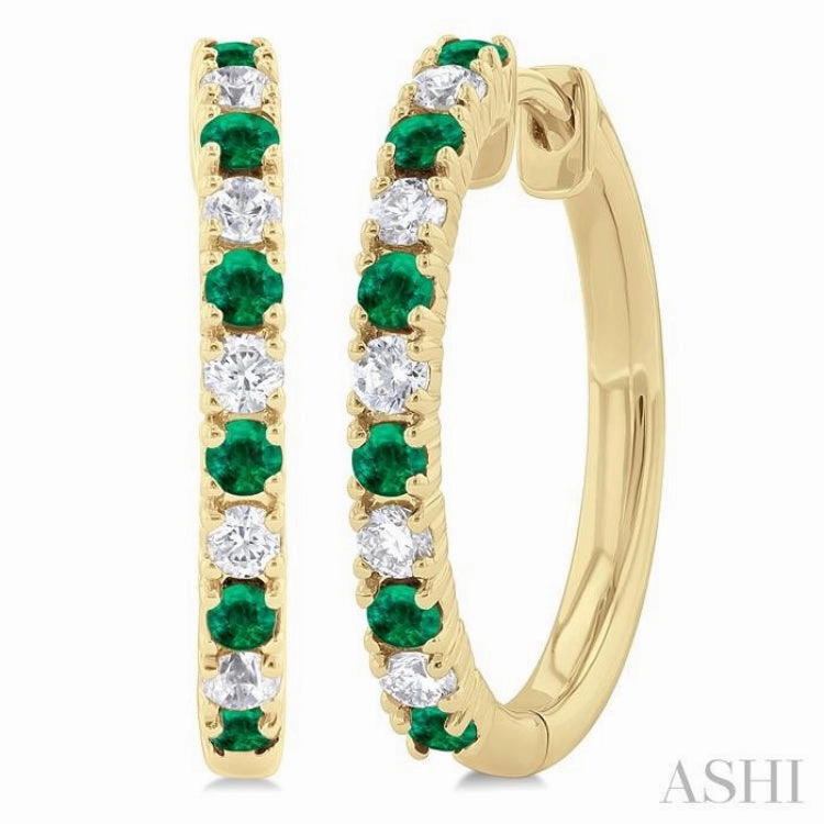 Sophisticated Spark 1.80 MM Round Shape Emerald and 1/4 ctw Round Cut Diamond Precious Hoop Earring in 10K Yellow Gold