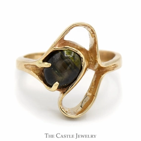 10k Yellow Gold Ring Featuring Open Free Form Design and Oval Cabochon Black Star Gemstone Stylish Token