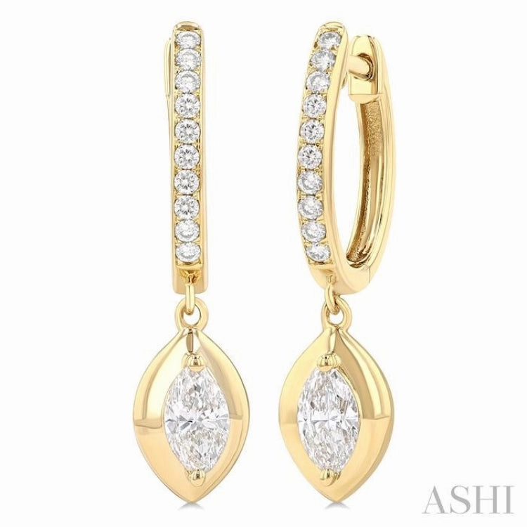 Vogue Accent 1/2 ctw Marquise Shape Dome Round Cut Diamond Fashion Huggie Earrings in 14K Yellow Gold
