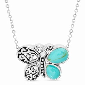 Willowbird Simulated Turquoise Filigree Butterfly Pendant Necklace in Oxidized Sterling Silver Lovely Accessory Artful Style