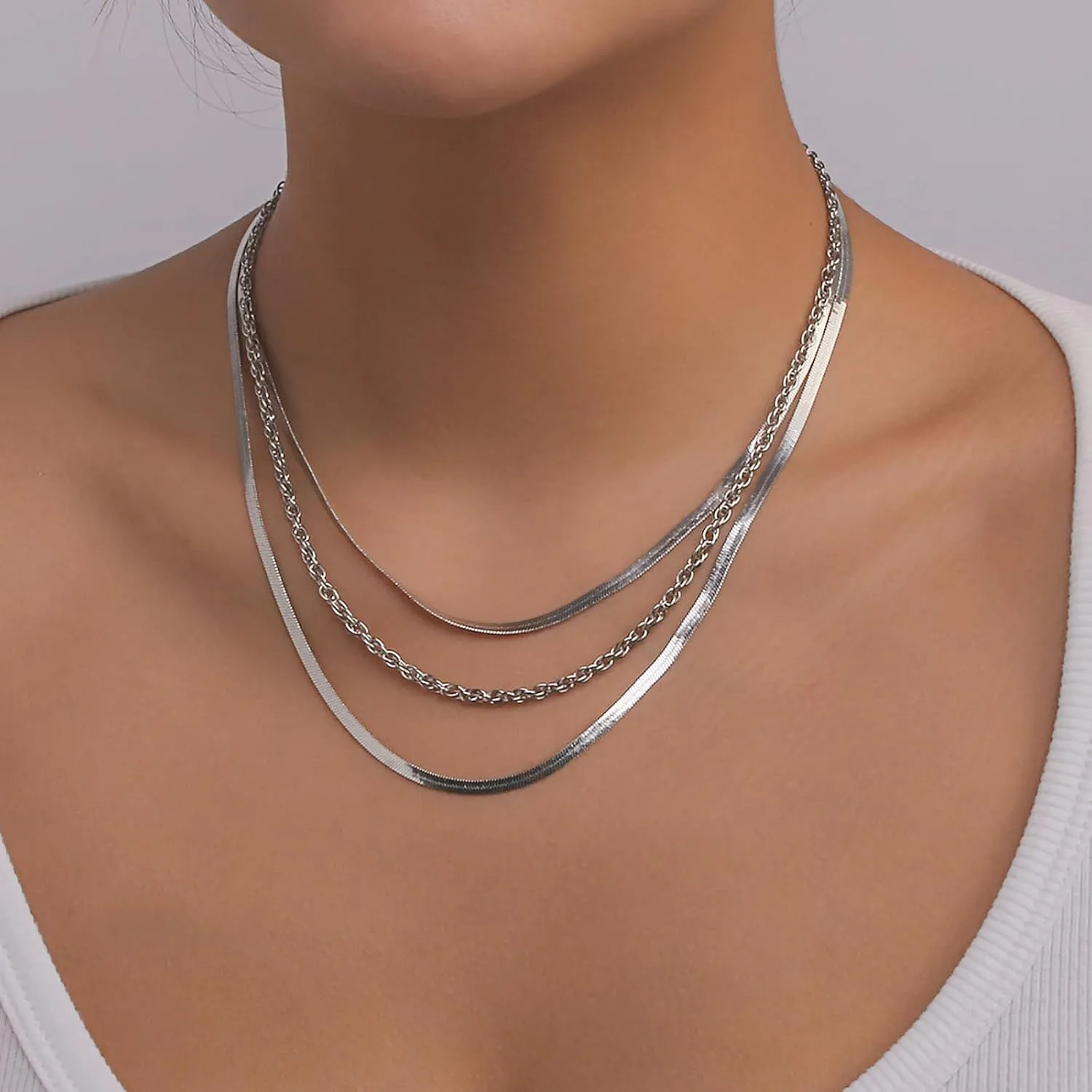 Dcfywl731 Layered Gold Necklaces for Women Stacked Herringbone Paperclip Layered Chains Necklace Gold Snake Choker Necklaces Jewelry for Women