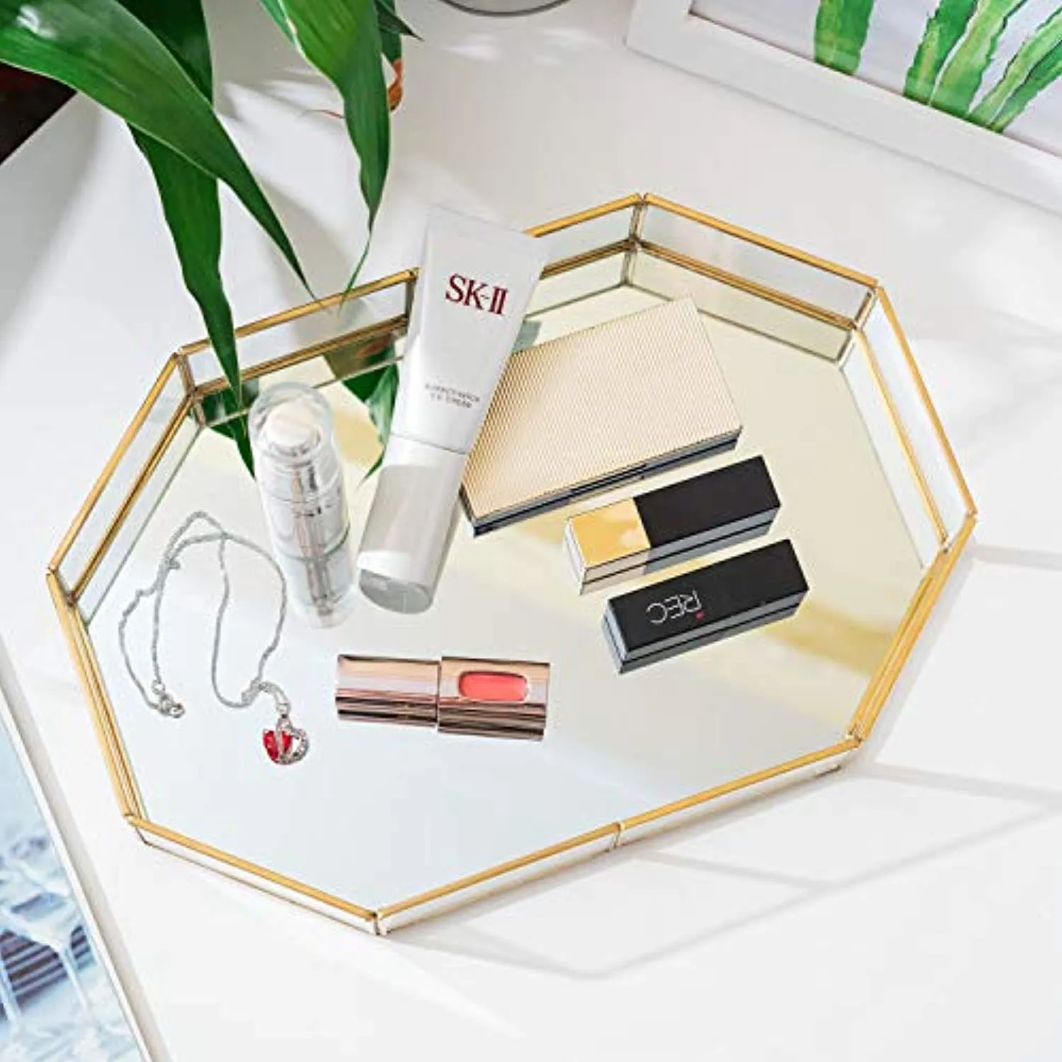 Decorative Metal Mirror Tray,  Gold Leaf Finish, 12.4x8.5x2 inches