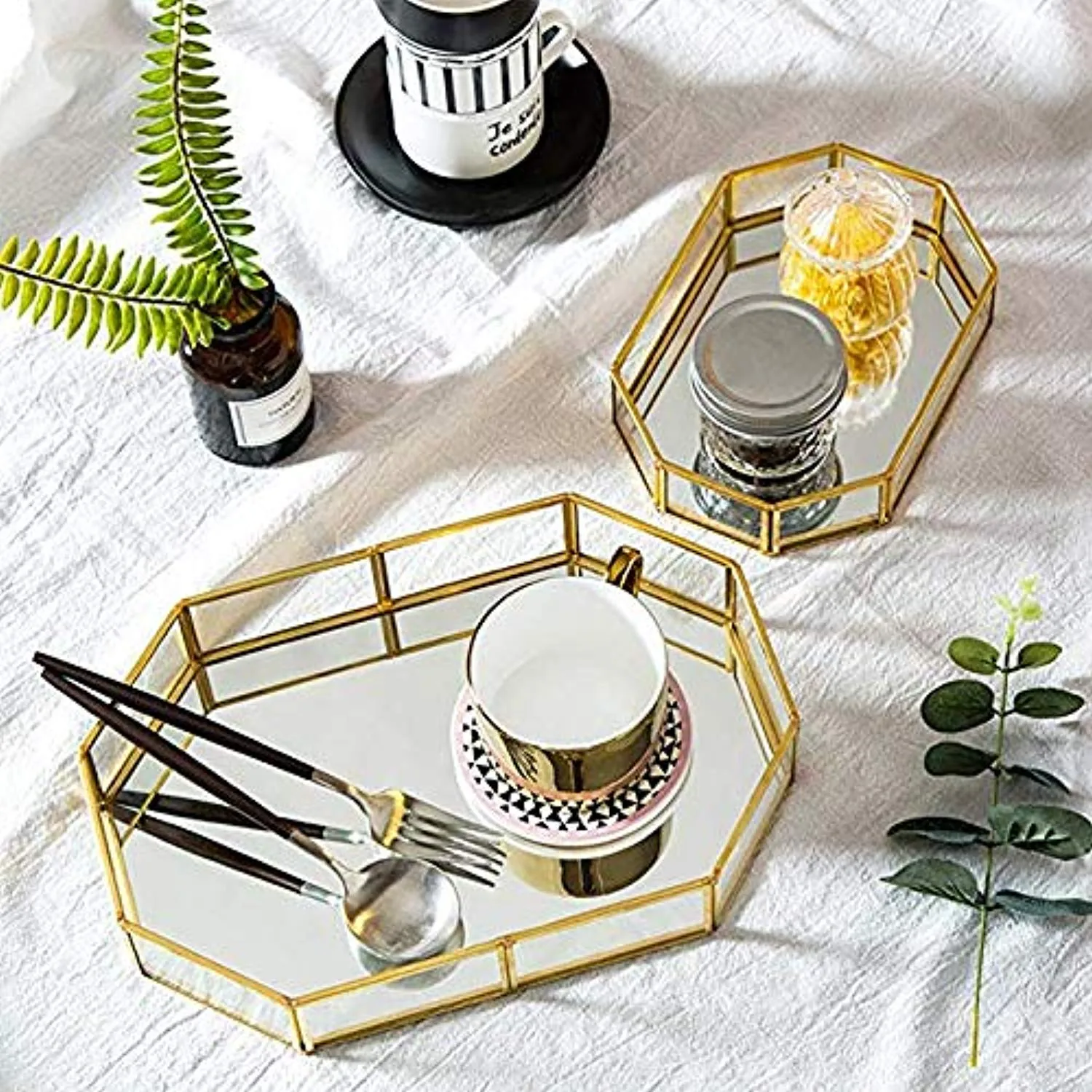 Decorative Metal Mirror Tray,  Gold Leaf Finish, 12.4x8.5x2 inches