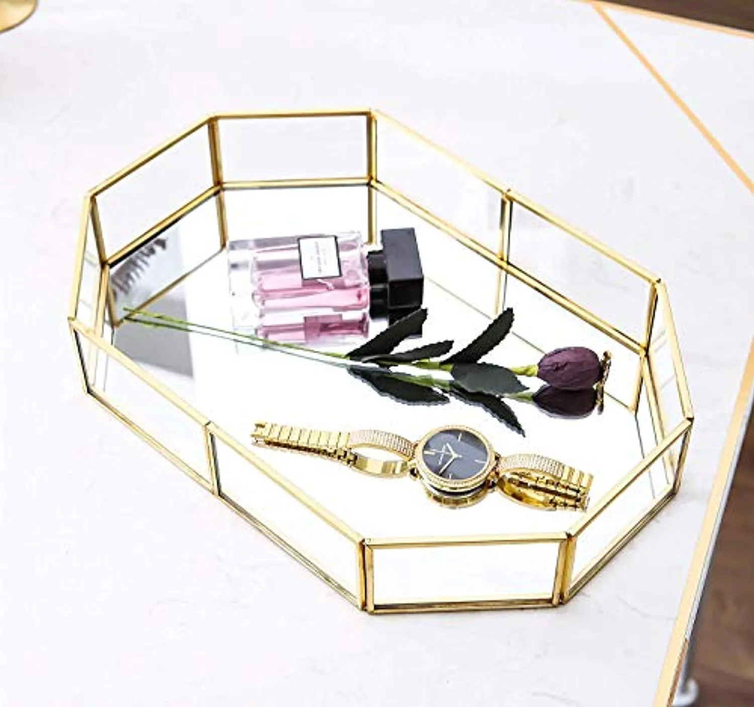 Decorative Metal Mirror Tray,  Gold Leaf Finish, 12.4x8.5x2 inches