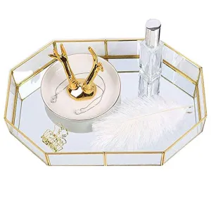 Decorative Metal Mirror Tray,  Gold Leaf Finish, 12.4x8.5x2 inches