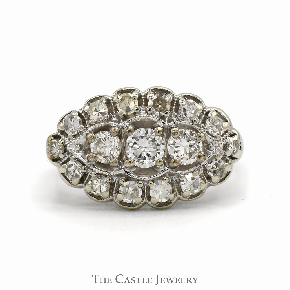 3/4cttw Oval Shaped Diamond Cluster Ring in 14k White Gold Timeless Texture