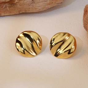 Ornate Design Stainless Steel Wave Pattern Round Shape 18K Gold Plated  Stud Earrings for Women