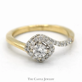 Luxe Finish Gentle Design 1/2cttw Bypass Diamond Solitaire Ring with Diamond Halo and Accents in 14k Yellow Gold
