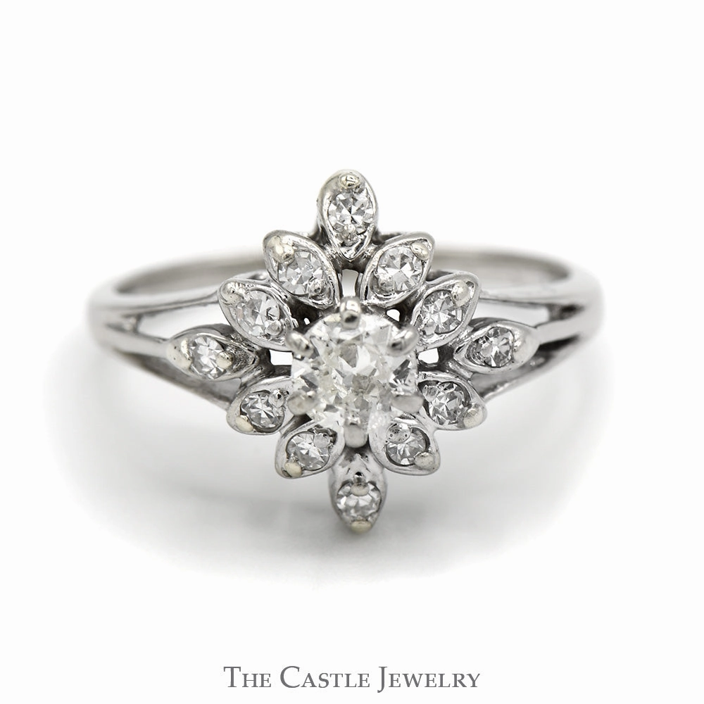 1/2cttw Diamond Flower Cluster Ring in 14k White Gold Split Shank Setting Distinctive Accessory