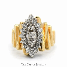 Marquise Shaped 3/4cttw Round Diamond Cluster Ring with Zig Zag Designed Sides in 10k Yellow Gold status symbol Excellent Art