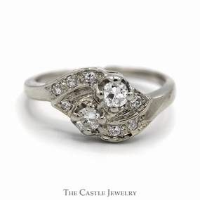Past Inspired Bypass Designed Antique Style Diamond Ring in 14k White Gold