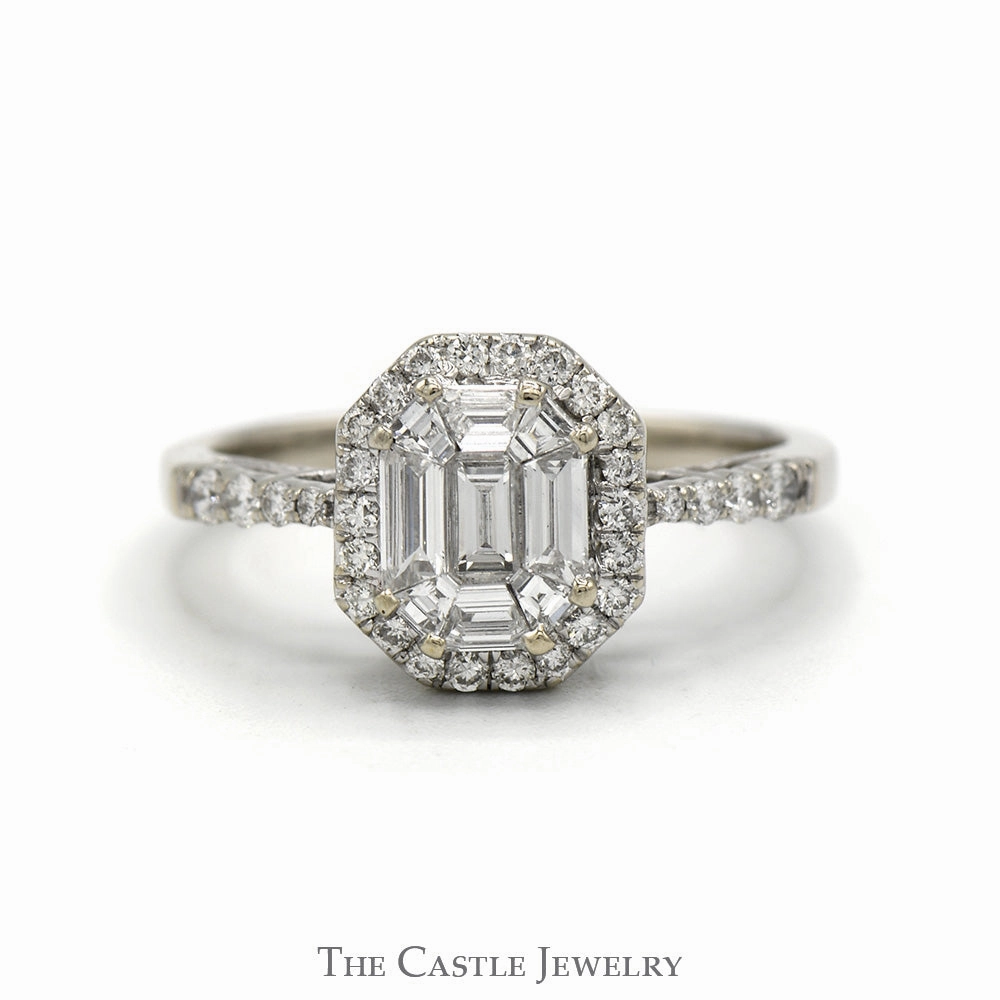 Modern Work 1cttw Baguette Diamond Cluster Engagement Ring with Diamond Halo & Accented Sides in 14k White Gold
