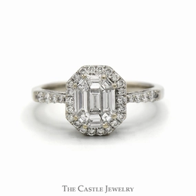 Modern Work 1cttw Baguette Diamond Cluster Engagement Ring with Diamond Halo & Accented Sides in 14k White Gold