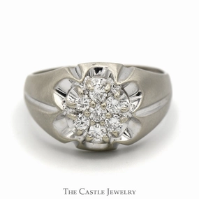 1/2cttw 7 Diamond Cluster Ring in Ridged Designed Brushed 10k White Gold Mounting Gorgeous Design Amazing Piece