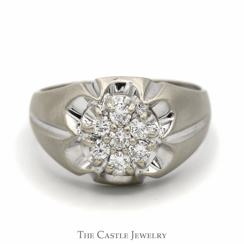 1/2cttw 7 Diamond Cluster Ring in Ridged Designed Brushed 10k White Gold Mounting Gorgeous Design Amazing Piece