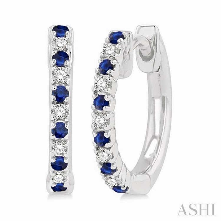 1.35 MM Round Shape Sapphire and 1/10 Ctw Petite Round Cut Diamond Precious Fashion Huggies in 10K White Gold Fine Detail