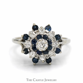 Minimal Contour Secure Adornment Sapphire & 1/2cttw Diamond Snowflake Cluster Ring in 14k White Gold