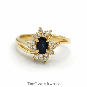 Chic Expression Oval Sapphire Ring with Starburst Designed Diamond Halo in 14k Yellow Gold
