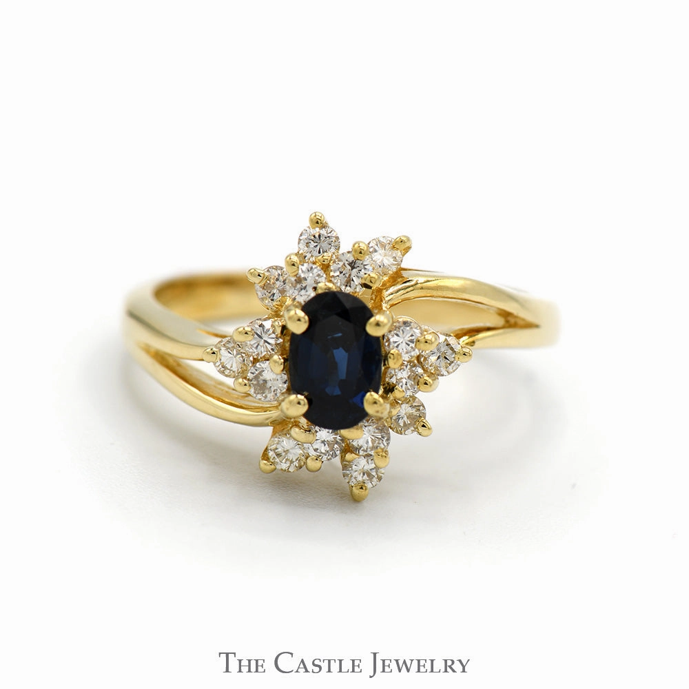 Chic Expression Oval Sapphire Ring with Starburst Designed Diamond Halo in 14k Yellow Gold