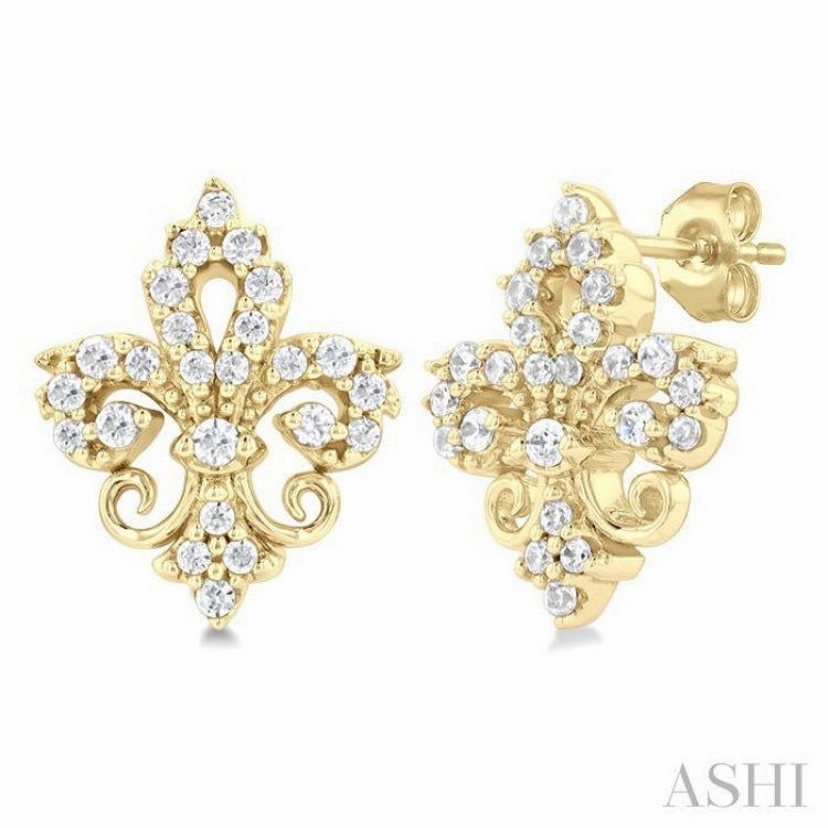 1/5 Ctw Petite Fleur De Lis Round Cut Diamond Fashion Stud Earring in 10K Yellow Gold Distinctive Style Pieces Sophisticated Design