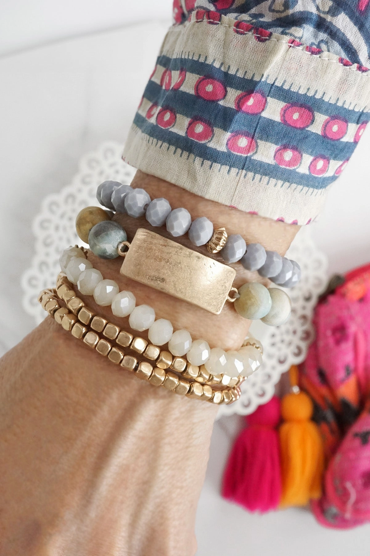 Signature styles Steady View Boho Beaded Bracelets Stack Semi Precious Metal Glass Plaque