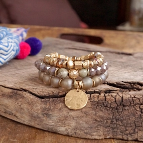 Square Trade Boho Beads Coin Bracelets Statement set in Rose Pink