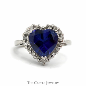 Heart Shaped Recrystallized Sapphire Ring With Diamond Halo .20 CTTW IN 10KT White Gold High-End Style