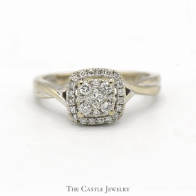 Fashion Forward 1/2cttw Diamond Cluster Engagement Ring with Diamond Halo in 10k White Gold with Twisted Sides