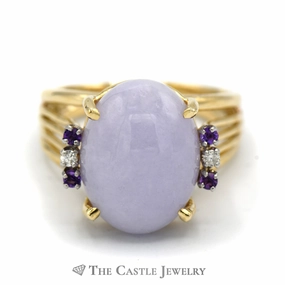 High-Quality Style Large Cabochon Lavender Jade Ring with Diamond and Amethyst Accents in 14k Yellow Gold Split Shank Mounting
