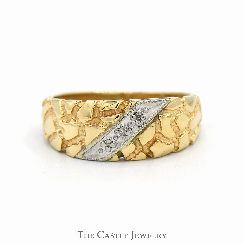 Diagonal Illusion Set Diamond Ring with Textured Nugget Sides in 10k Yellow Gold Machine made