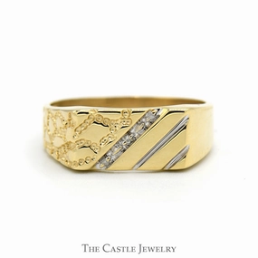 Classic Craft Matching accessory Diagonally Set Diamond Accented Nugget Textured Ring with Ridged Design  in 10k Yellow Gold
