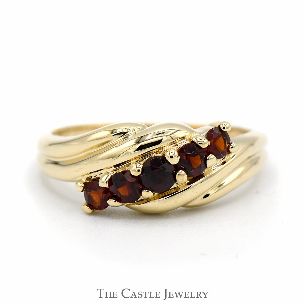 Diagonally Set Garnet Ring in 14k Yellow Gold Bypass Design Creative Item