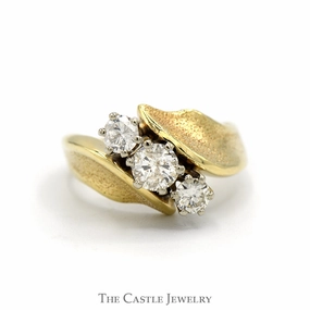 Diagonally Set Three Stone Diamond Ring in 10k Yellow Gold Bypass Mounting Event Friendly Complex pattern