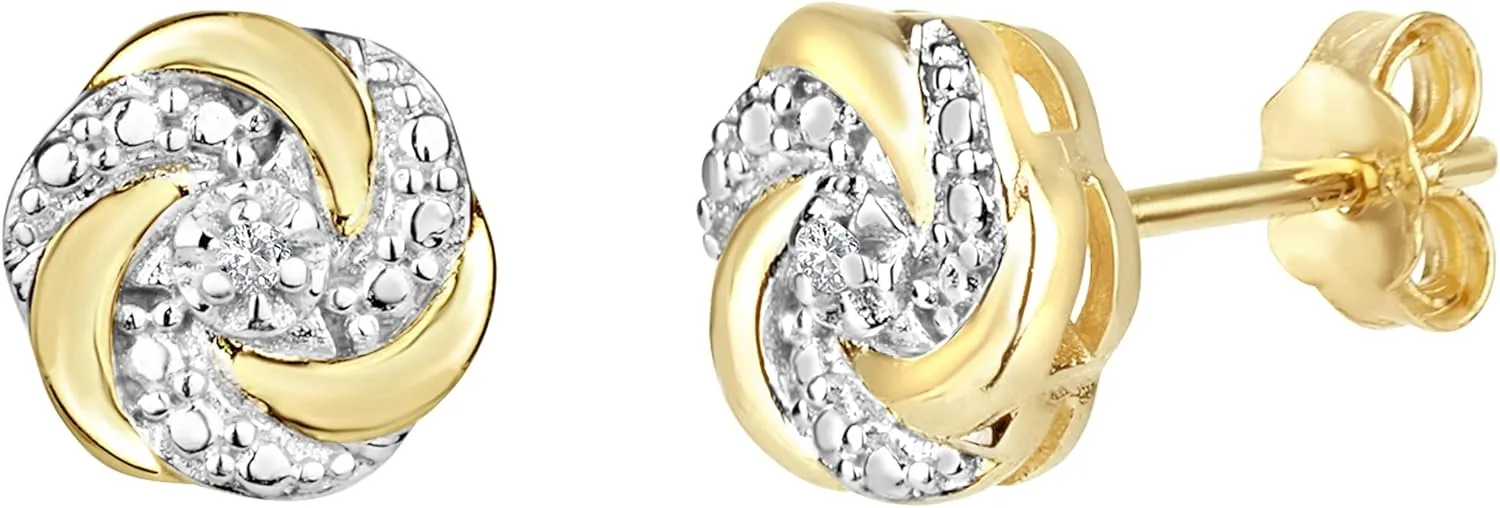 Diamond Accent Love Knot Stud Earrings in Two Tone 18kt Gold Plated Sterling Silver