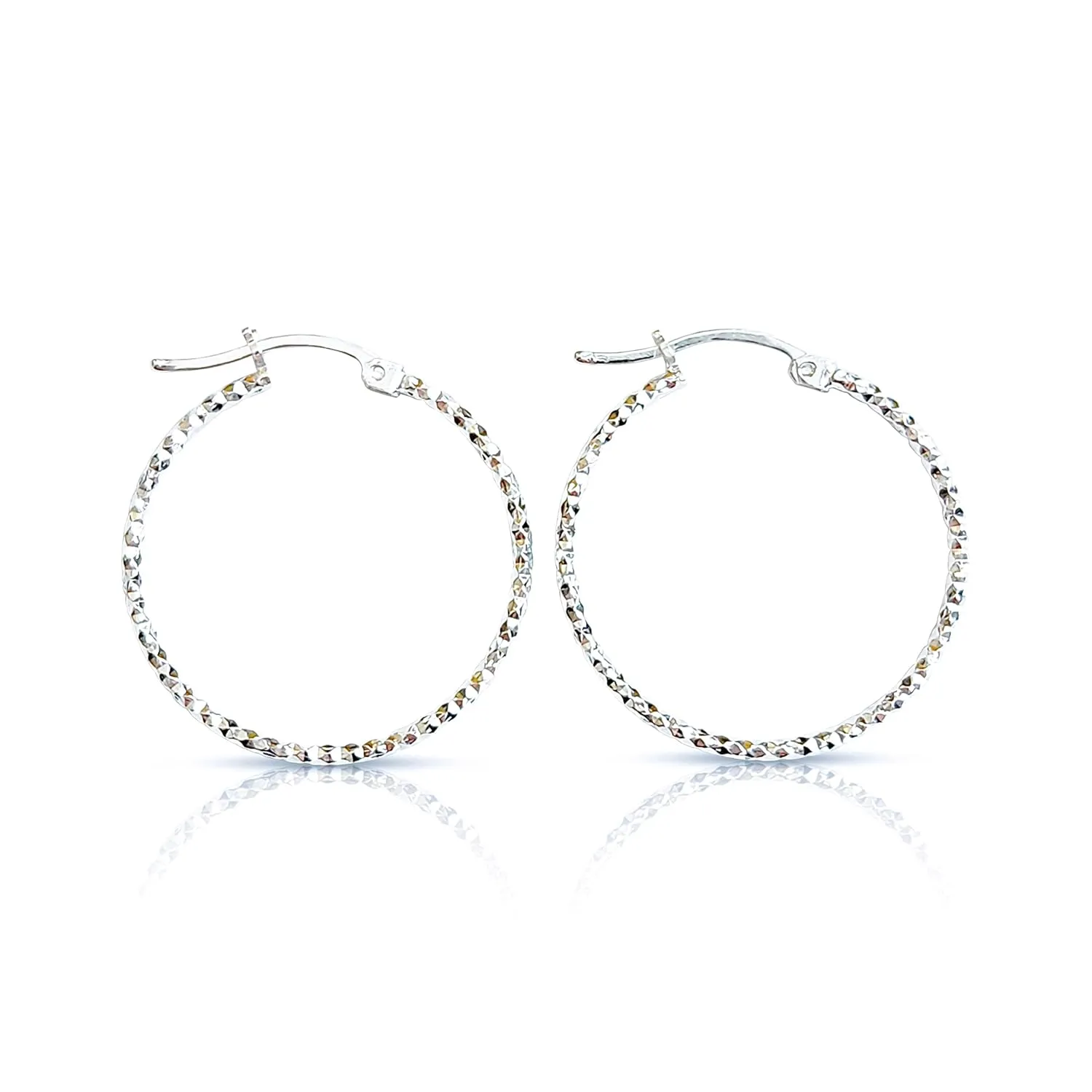 Diamond Cut Sparkly Hoops 40m Textured Sterling Silver .925 Hoop Earrings Medium 2m Hinged back anti-tarnish Hoops for Women Gift for her