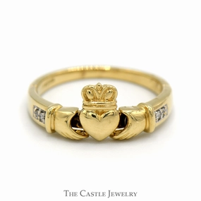 Minimal accessory Protective Coating Diamond Accented Claddagh Wedding Band in 14k Yellow Gold