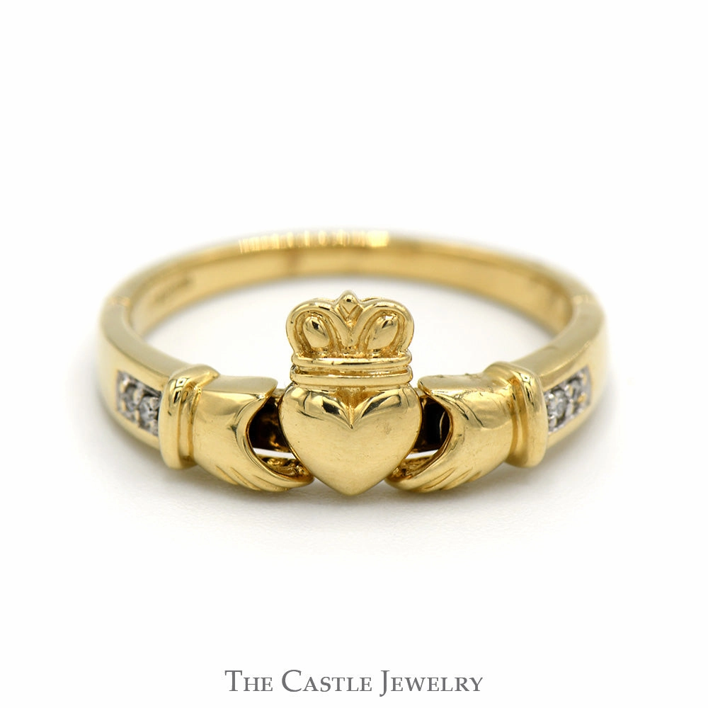 Minimal accessory Protective Coating Diamond Accented Claddagh Wedding Band in 14k Yellow Gold