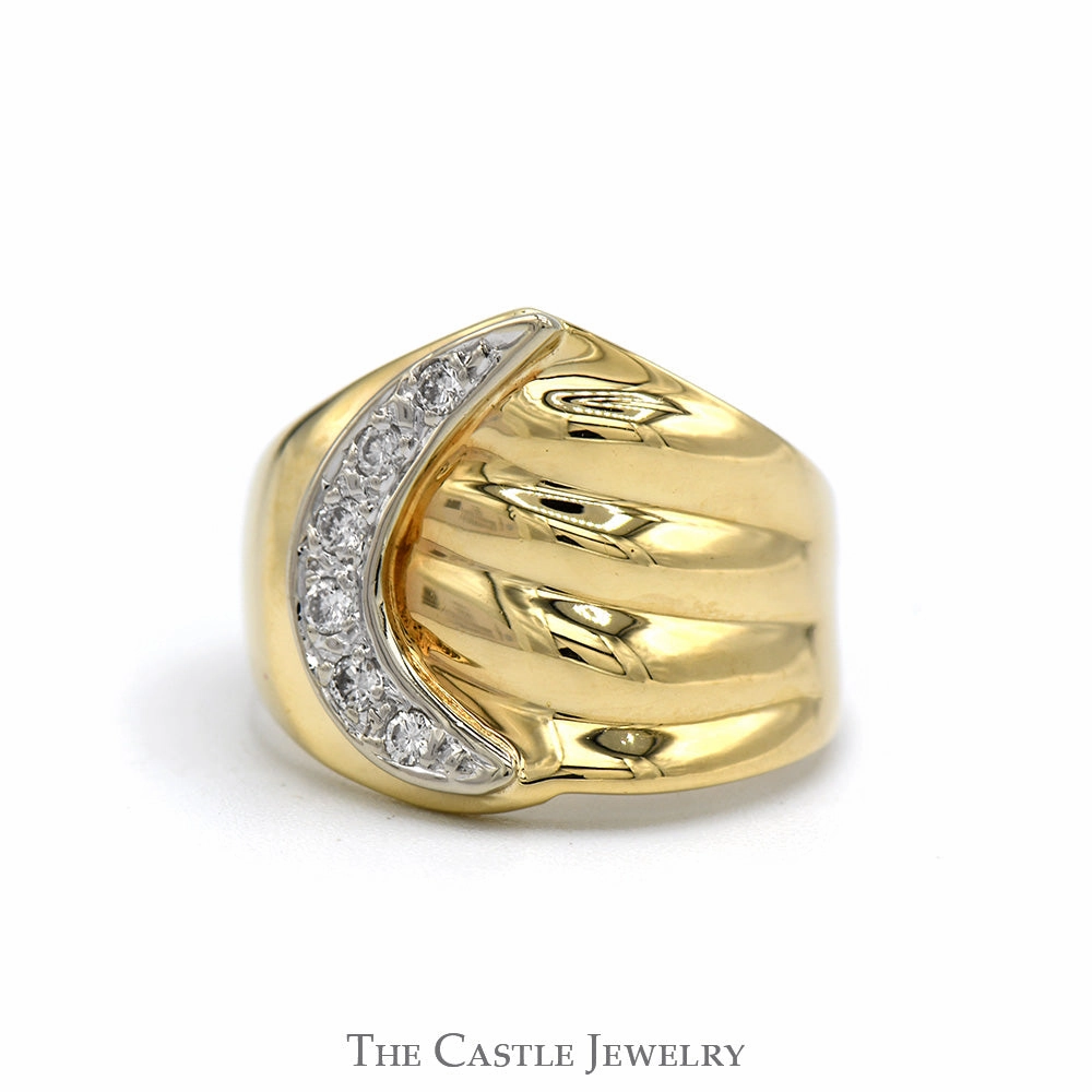 Gentle Contour Fashion highlight Diamond Accented Crescent Moon Ring with Ridged Design in 14k Yellow Gold