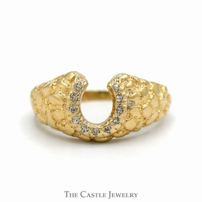 Diamond Accented Horseshoe Ring with Nugget Textured Sides in 10k Yellow Gold Polished Choice Sentimental Symbol