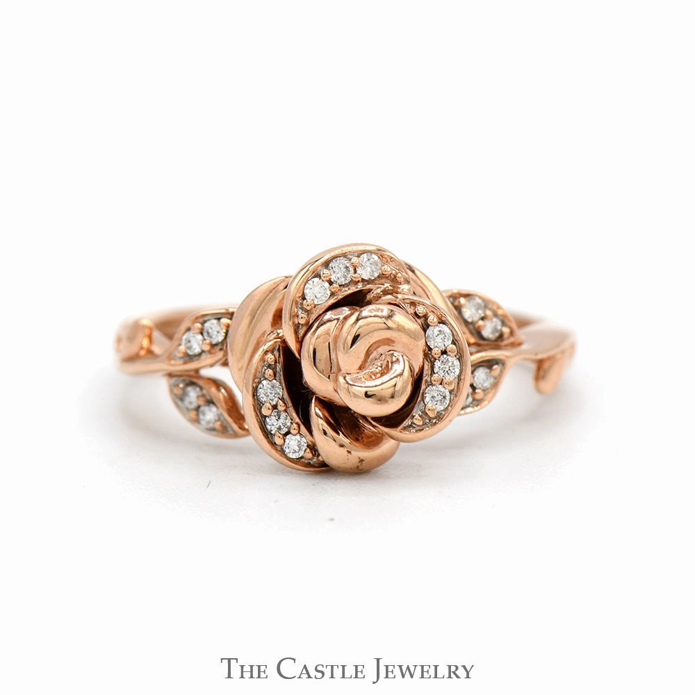 Groom Accessory Diamond Accented Rose Style Enchanted Disney Belle Designer Ring in 10k Rose Gold