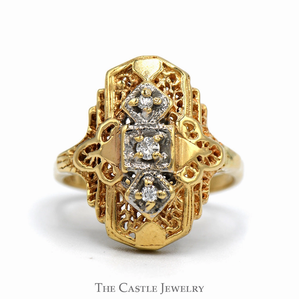 Daily Fashion Chic Article Diamond Accented Shield Ring with Open Filigree Design in 10k Yellow Gold