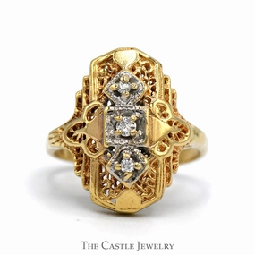 Daily Fashion Chic Article Diamond Accented Shield Ring with Open Filigree Design in 10k Yellow Gold